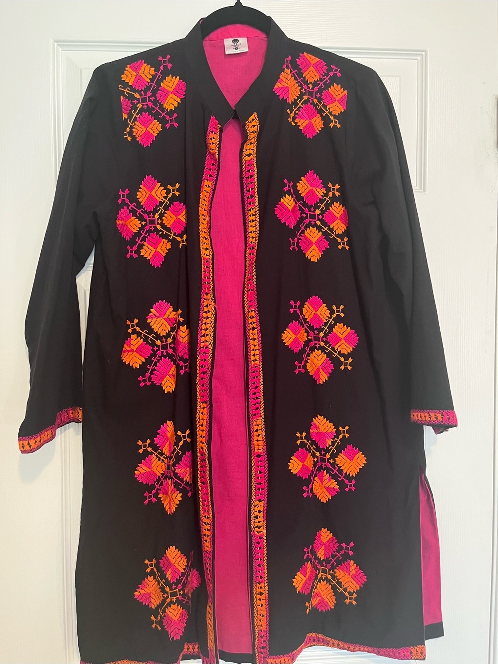 Hand embroidered black Jacket with Hot Pink & Orange Accents